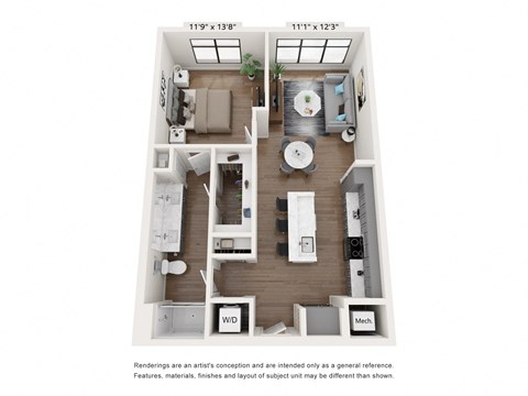 Floor plan for 1 bed, 1 bath, 819 sqft